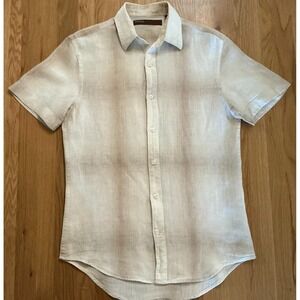Perry Ellis 100% Linen Shirt Small Beige Sand Windowpane Short Sleeve